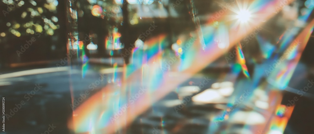 Poster lens flare capturing vibrant rainbow colors and prismatic reflections in natural light setting