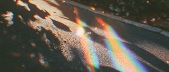 Lens flare effect creates vibrant rainbow colors and prismatic reflections on pavement surface