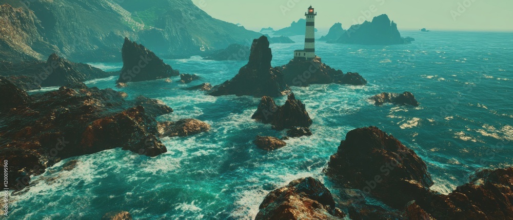 Poster lighthouse stands tall on rocky coast with crashing waves under a hazy sky