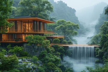 Modern house, waterfall, lush green mountains.