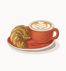 coffee with croissant sweet dessert breakfast latte art in red modern cafe cup european style isolated on white background