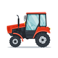 Cartoon red tractor on white background. Vector flat illustration