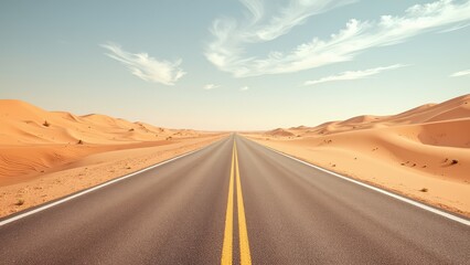 Fototapeta premium A sunlit black asphalt road stretches across an expansive desert, bordered by vivid yellow center lines and guiding white edges, creating a stark yet serene path through untouched wilderness