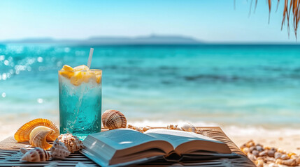 Enjoying a refreshing drink and book by the turquoise ocean under the sun at a serene beach