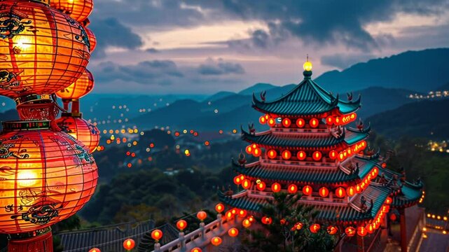 Red chinese lantern with imperial China tower New year celebration festival