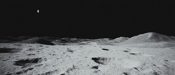 Exploration of the lunar surface showcasing craters and rough textures illuminated by distant celestial bodies