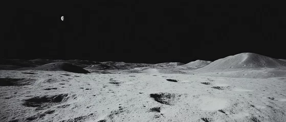 Exploration of the lunar surface showcasing craters and rough textures illuminated by distant celestial bodies