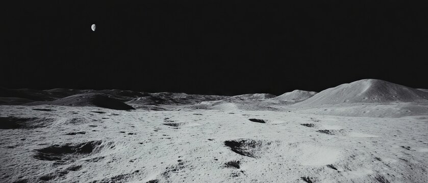 Exploration of the lunar surface showcasing craters and rough textures illuminated by distant celestial bodies