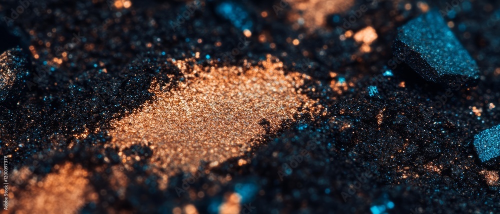 Poster Close-up view of shimmering eyeshadow particles showcasing vibrant colors and varied sizes