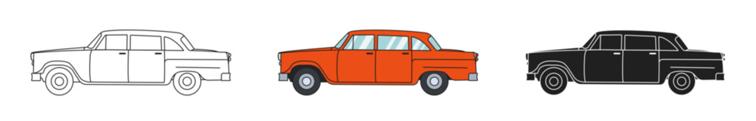 Simple icons of vintage classic red sedan car 60s. Outline, colourful and silhouette vector illustration