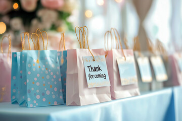 Table full of baby shower party favors in gift bags with "Thank you for coming" tags, neatly arranged on a pastel-themed table.