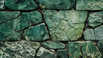 "Old Cracked Green Stone Wall Background, Featuring a Weathered, Textured Surface with Rustic Charm and a Deep, Earthy Aesthetic That Evokes Timelessness and Natural Beauty"

