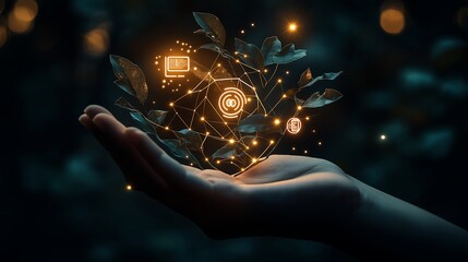 Close-up of a hand holding a branch with leaves, hovering glowing technology icons above, deep dark background with golden-warm glow
