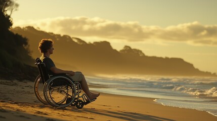 Fototapeta premium Young man enjoys sunset by the beach while sitting in a wheelchair, embracing tranquility and nature's beauty