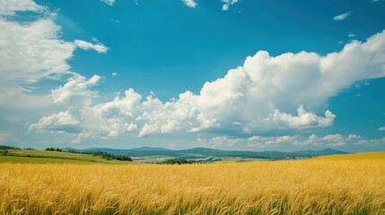 Obraz premium Golden wheat field under a bright summer sky.