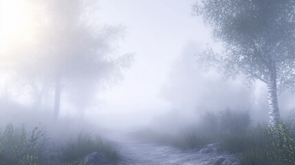 Naklejka premium Misty forest path at dawn, sun rays through fog, trees.