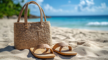 Summer beach accessories with sandals and a tote bag on a sandy shore near clear blue water under a sunny sky