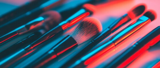Makeup brushes arranged in a geometric pattern with vibrant colors and shadows