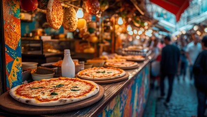 Fototapeta premium Street food scene featuring Pizza Margherita from Italie, displayed on a vibrant food stall surrounded by a bustling market with colorful ingredients and people in motion