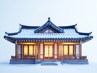 Obraz premium a traditional Korean house in snow, intricate wooden architecture, glowing windows radiating warmth
