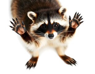 Obraz premium Wide-Eyed Raccoon with Raised Paws in Startled Pose, Isolated on White