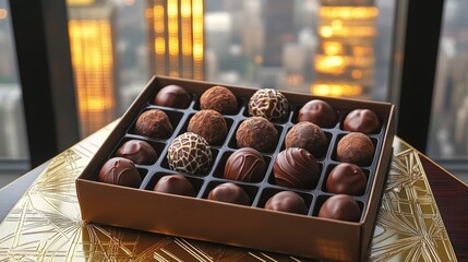 Elegant box of artisanal chocolate truffles on Art Deco table with city skyline backdrop
