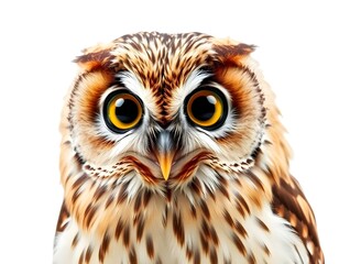 Naklejka premium Wide-Eyed Owl with Ruffled Feathers in Surprised Look, Isolated on White