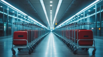 A long row of empty luggage carts lined up neatly in an airport terminal hallway