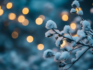 Snow-covered branches with bokeh lights.
