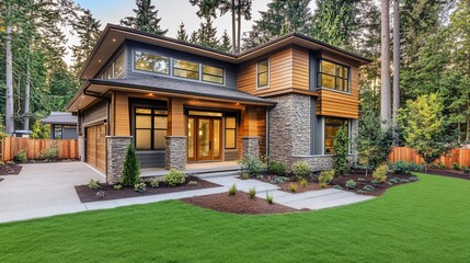 Modern two-story house with stone and wood siding, landscaped yard, and attached garage.