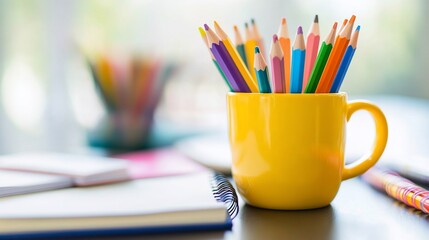 Fototapeta premium Colorful pencils in yellow mug on desk with notebook.