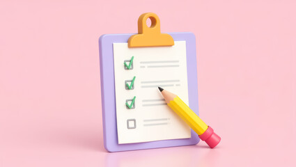pastel-colored 3d rendering of a checklist on a clipboard and pencil