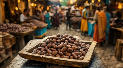 Vibrant market exchange of cacao pods and beans in ancient Aztec culture