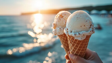 Enjoying delicious ice cream cones by the beach at sunset with sparkling waves in the background