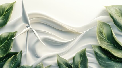 Obraz premium Wind turbine surrounded by flowing fabric and green leaves, symbolizing renewable energy and nature