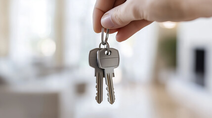 Hand holding a set of keys in a bright living room setting, symbolizing new beginnings and home ownership