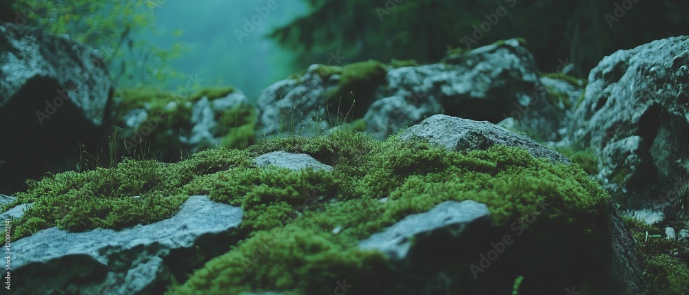 Aufkleber moss thriving on rocks in a serene natural setting with soft green hues and textures