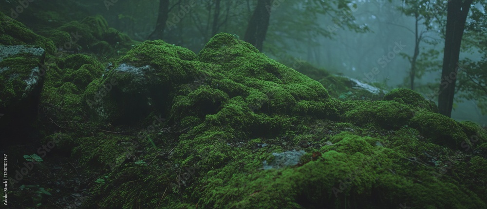 Aufkleber moss thriving on rocky surface in a lush forest setting with soft textures and vibrant colors