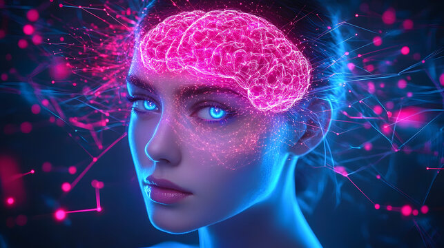 Woman's brain glowing with holographic neural patterns, digital data streams orbiting her head, cyberpunk, neon pink and blue, futuristic AI aesthetics