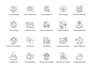 Remote Work Essentials icon set. Includes Virtual Meetings, Team Collaboration, Task Management, Cloud Storage, and Productivity Tools. Vector icon set.