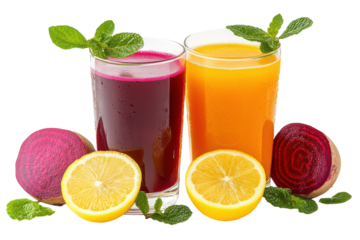 Refreshingly vibrant fruit and vegetable juices with mint distinctively displayed on a white background