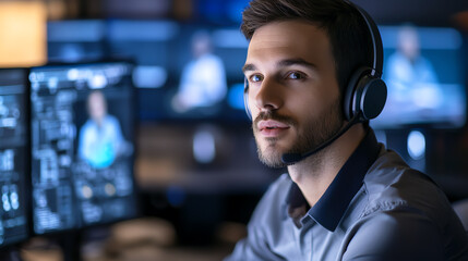 Warehouse manager with headset, overseeing operations, realtime communication