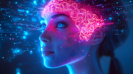 Woman's brain glowing with holographic neural patterns, digital data streams orbiting her head, cyberpunk, neon pink and blue, futuristic AI aesthetics