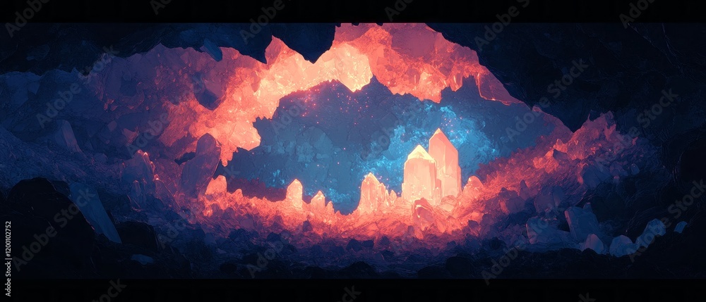 Poster mystical cave adorned with glowing crystals and hidden depths waiting to be explored