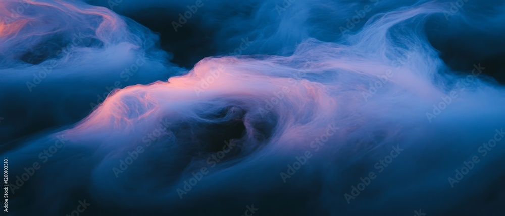 Poster mystical fog swirls in an ethereal landscape creating a dreamlike atmosphere at twilight