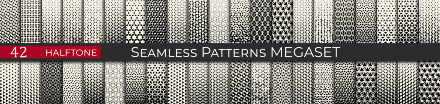 This seamless halftone pattern set includes 42 geometric black-and-white designs, ideal for modern and retro projects.