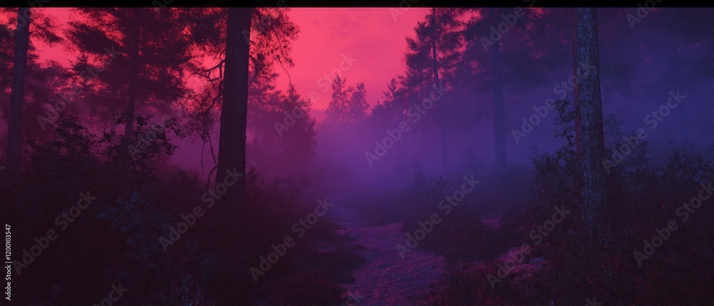Poster mystical fog envelops a serene forest at twilight creating an ethereal atmosphere
