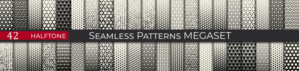 This seamless halftone pattern set includes 42 geometric black-and-white designs, ideal for modern and retro projects.