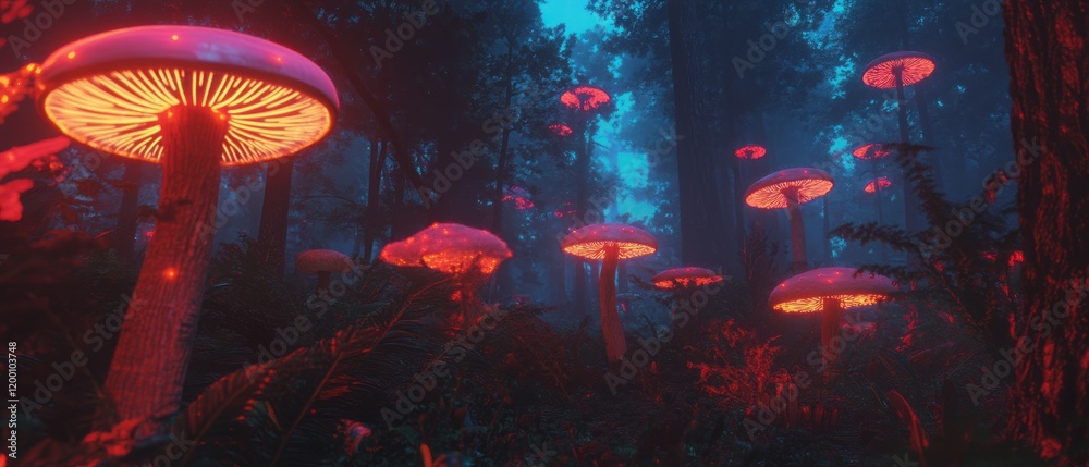 Poster mystical forest illuminated by glowing mushrooms and enchanted trees at twilight