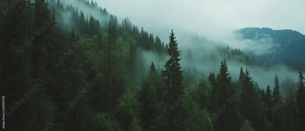 Poster mystical forest landscape enveloped in thick fog creating an enchanting and serene atmosphere